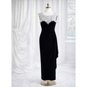 Alex Evenings Formal Dress Womens 12 Black Cream Embellished Rhinestones Rouched